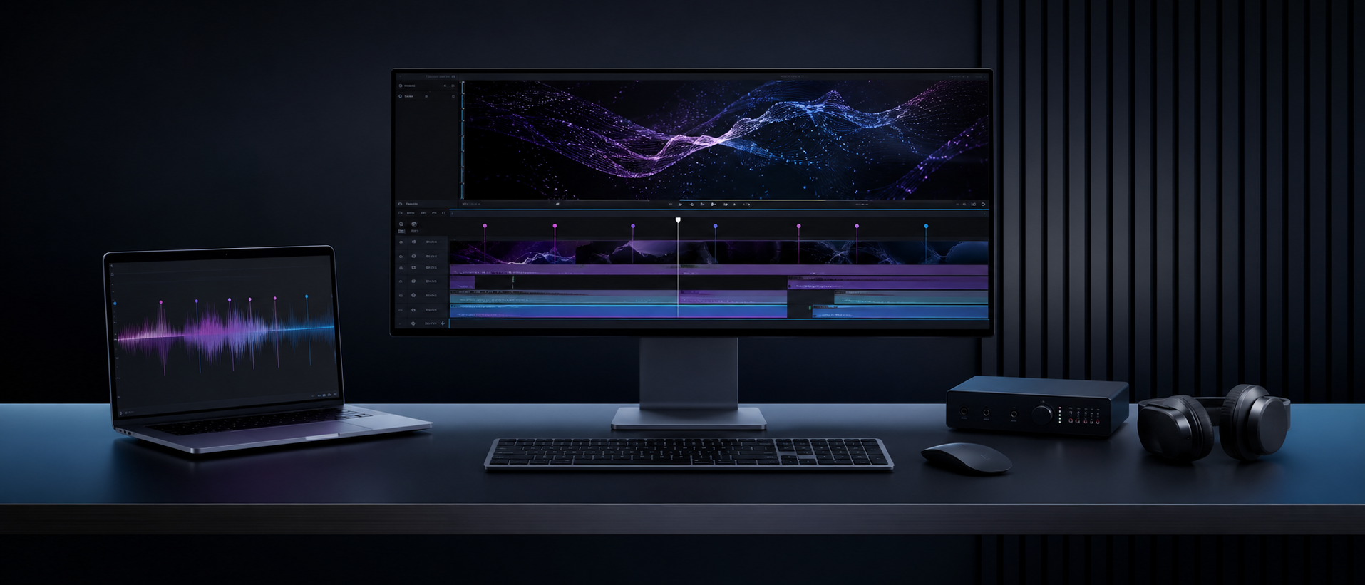 Premium macOS editing workspace connecting audio waveforms with video timeline markers