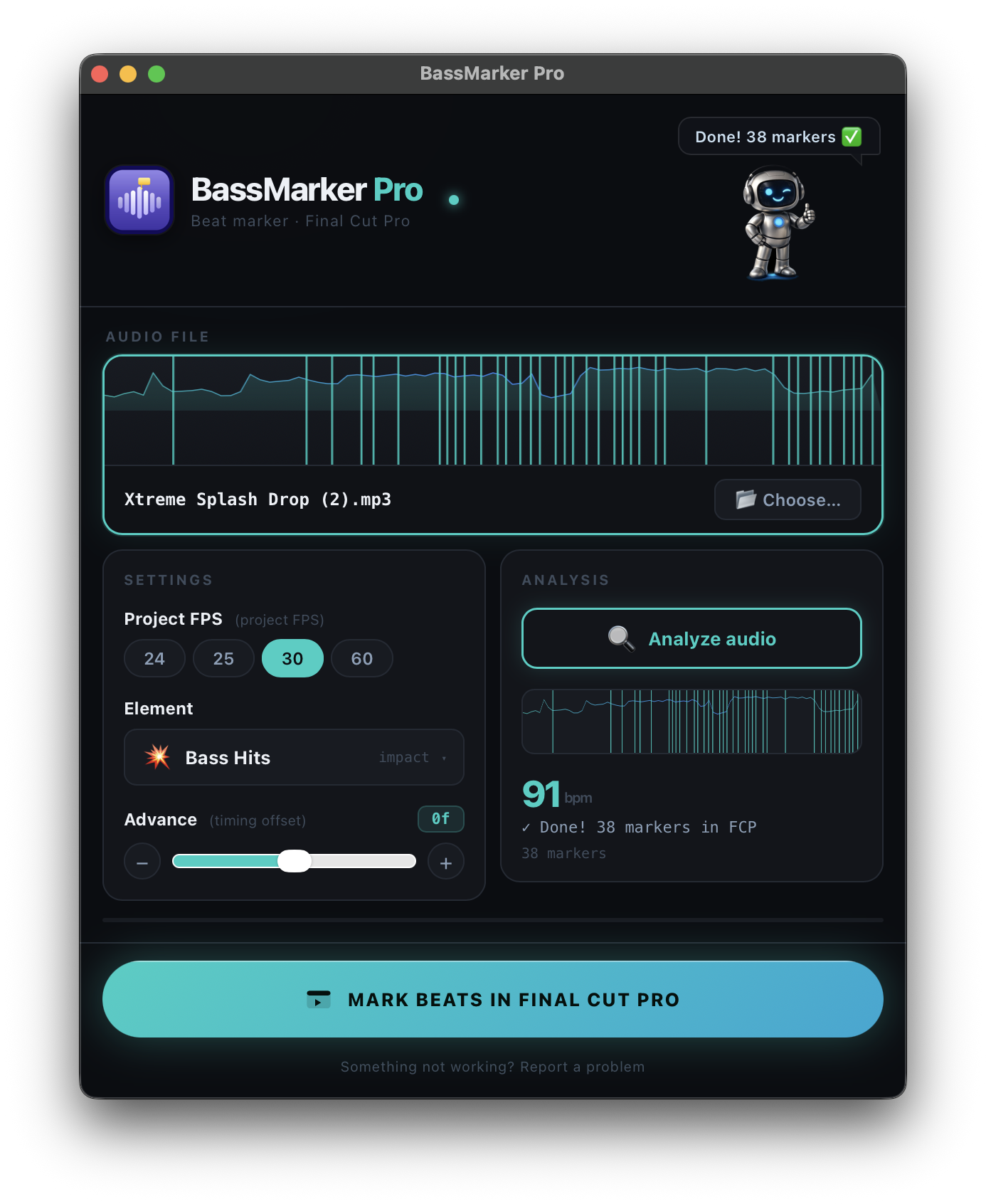 BassMarker Pro showing completed analysis, 91 BPM and 38 markers added to Final Cut Pro