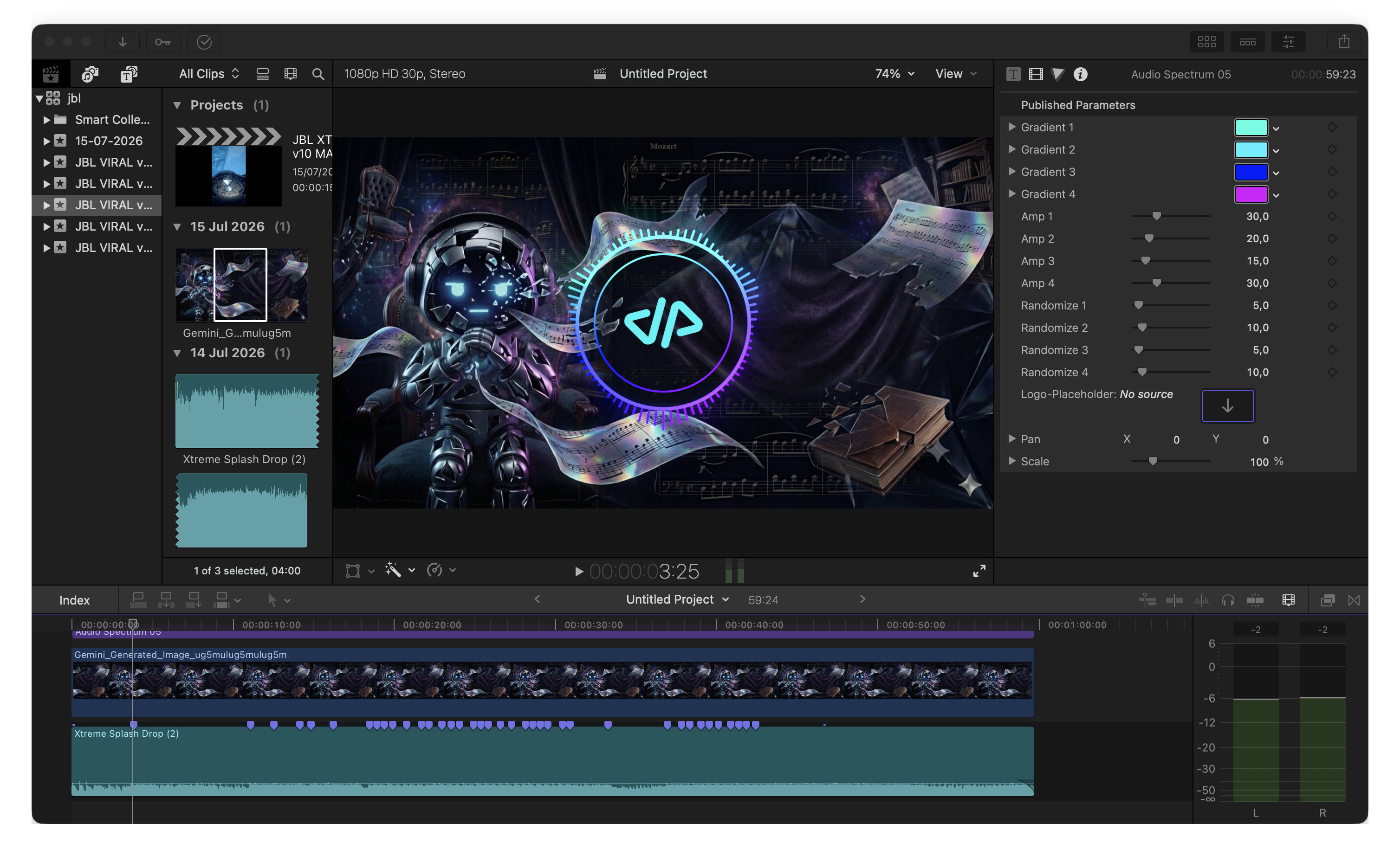 Real Final Cut Pro project with beat markers placed across the audio timeline