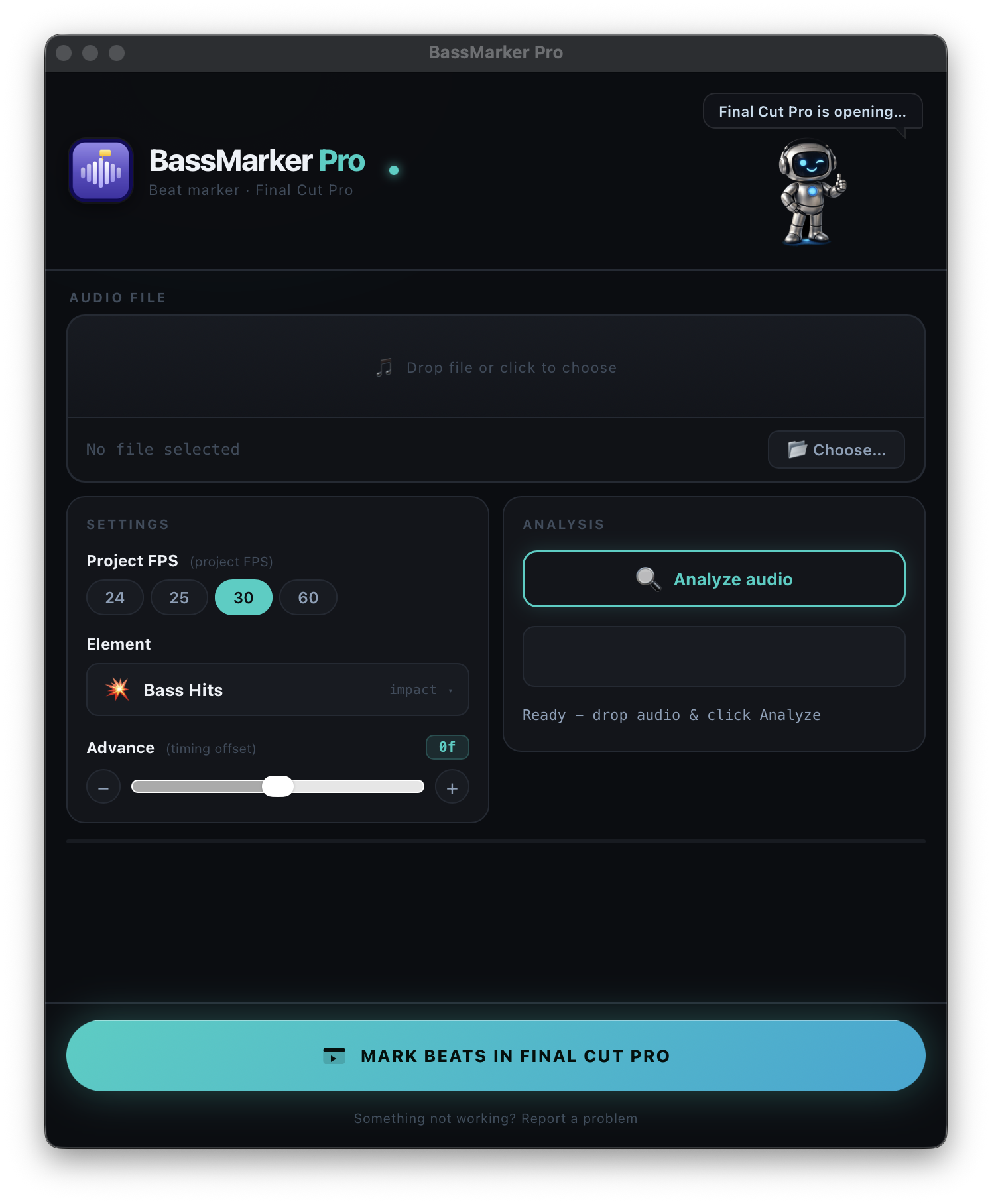 BassMarker Pro settings panel with detection mode and Advance slider