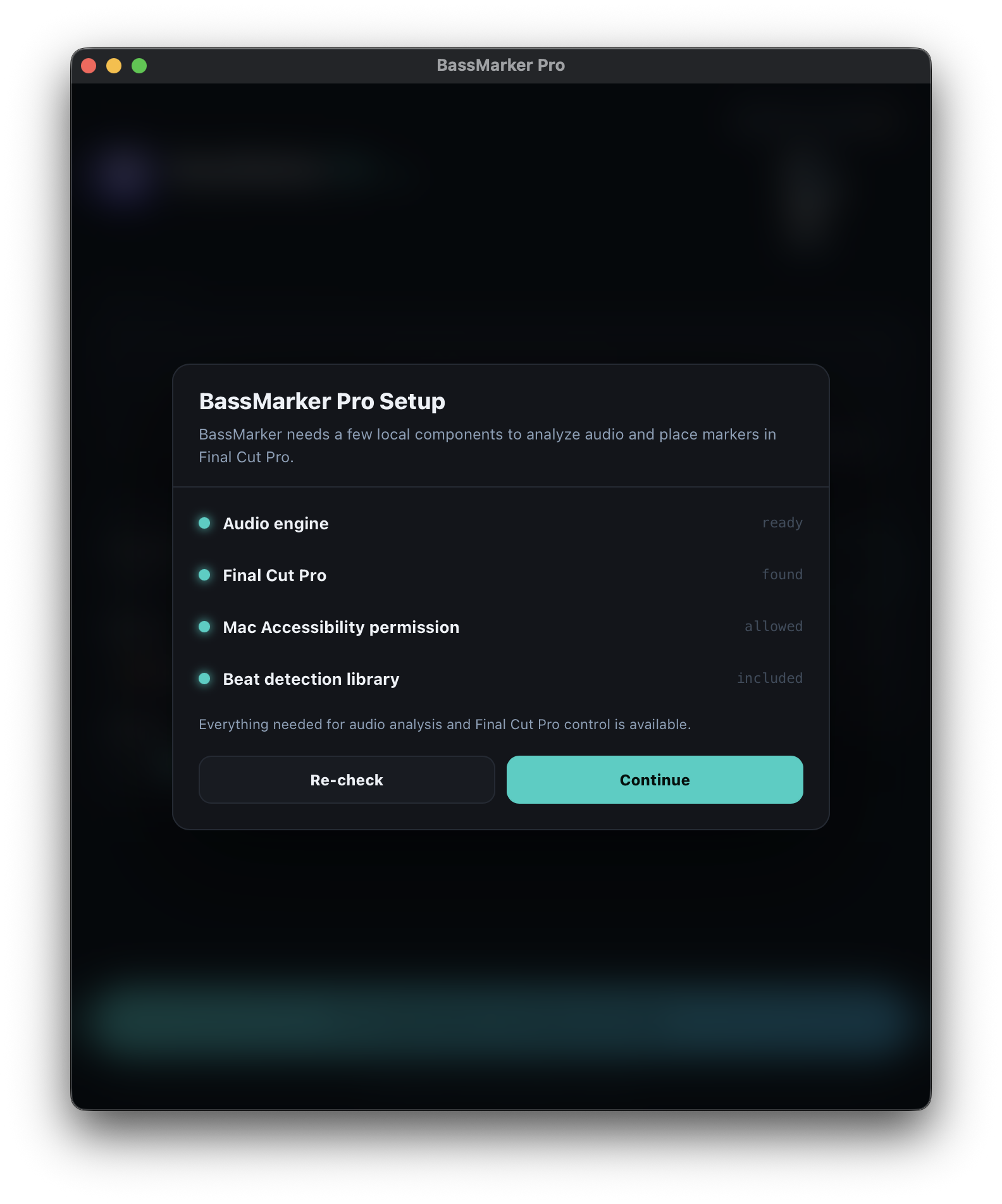 BassMarker Pro startup checklist confirming audio engine, Final Cut Pro, Accessibility permission and beat detection library are all ready
